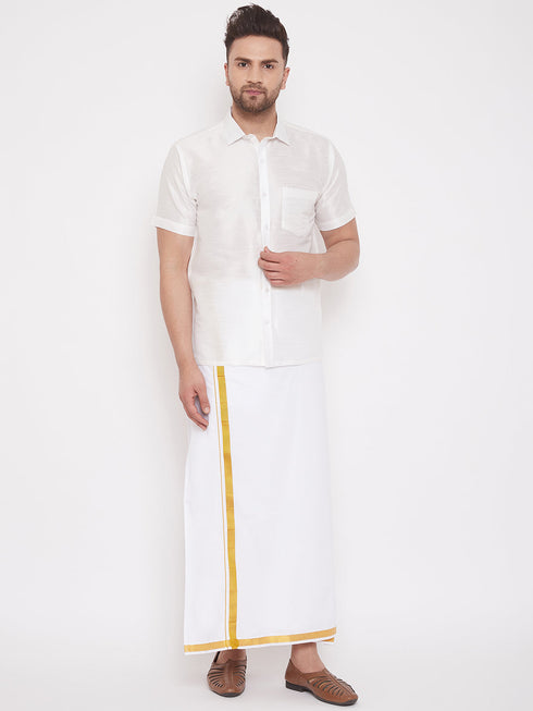 Men's White Silk Blend Ethnic Shirt
